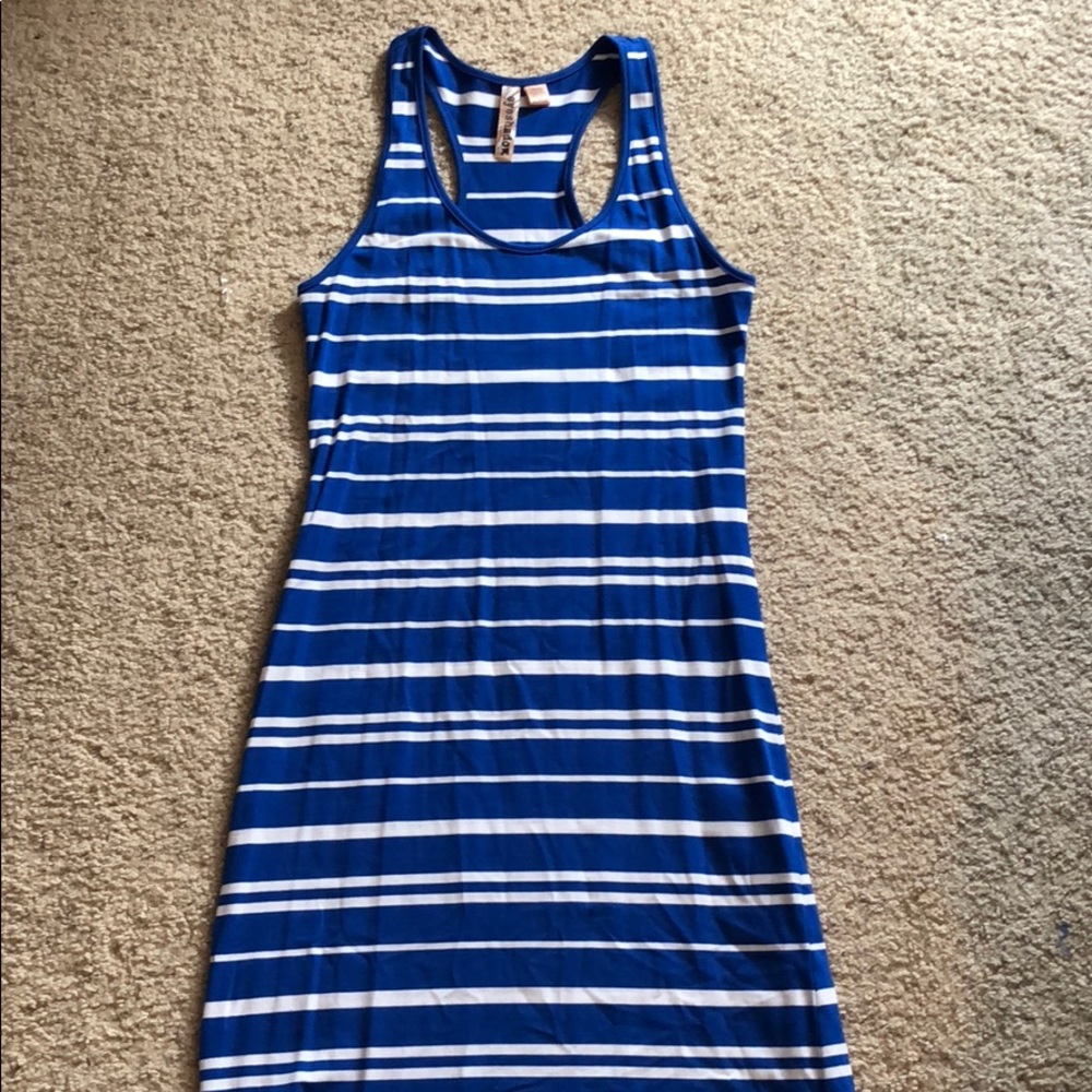 Blue and white striped racerback long maxi dress